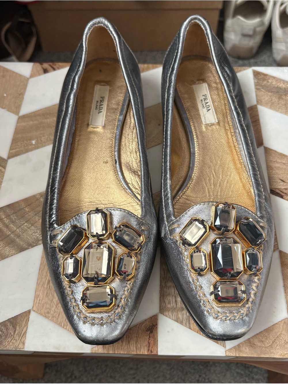 Vintage Prada Metallic Silver Jeweled Pointed Toe Flats Size 37.5 IT|7.5 US